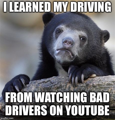 Confession Bear Meme | I LEARNED MY DRIVING; FROM WATCHING BAD DRIVERS ON YOUTUBE | image tagged in memes,confession bear,AdviceAnimals | made w/ Imgflip meme maker