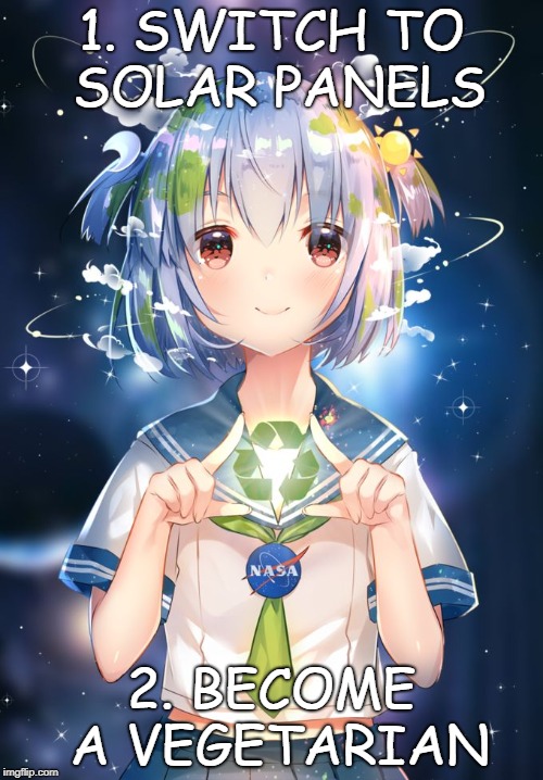 Earth-chan | 1. SWITCH TO SOLAR PANELS; 2. BECOME A VEGETARIAN | image tagged in earth-chan | made w/ Imgflip meme maker