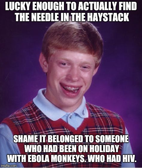 What Are The Odds? | LUCKY ENOUGH TO ACTUALLY FIND THE NEEDLE IN THE HAYSTACK; SHAME IT BELONGED TO SOMEONE WHO HAD BEEN ON HOLIDAY WITH EBOLA MONKEYS. WHO HAD HIV. | image tagged in memes,bad luck brian | made w/ Imgflip meme maker