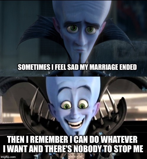 MUUUUHAHAHAHA | SOMETIMES I FEEL SAD MY MARRIAGE ENDED; THEN I REMEMBER I CAN DO WHATEVER I WANT AND THERE'S NOBODY TO STOP ME | image tagged in memes,marriage,divorce | made w/ Imgflip meme maker