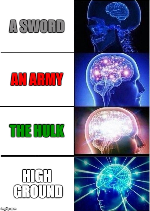 Expanding Brain | A SWORD; AN ARMY; THE HULK; HIGH GROUND | image tagged in memes,expanding brain | made w/ Imgflip meme maker