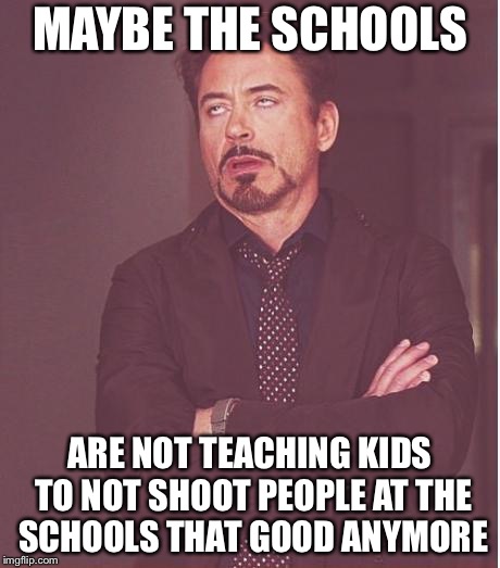 Face You Make Robert Downey Jr Meme | MAYBE THE SCHOOLS ARE NOT TEACHING KIDS TO NOT SHOOT PEOPLE AT THE SCHOOLS THAT GOOD ANYMORE | image tagged in memes,face you make robert downey jr | made w/ Imgflip meme maker