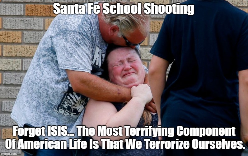 "Forget ISIS... The Most Terrifying Component Of American Life Is That We Terrorize Ourselves" | Santa Fe School Shooting Forget ISIS... The Most Terrifying Component Of American Life Is That We Terrorize Ourselves. | image tagged in school shooting,santa fe massacre,gun control,homegrown terrorists,american school killing fields | made w/ Imgflip meme maker