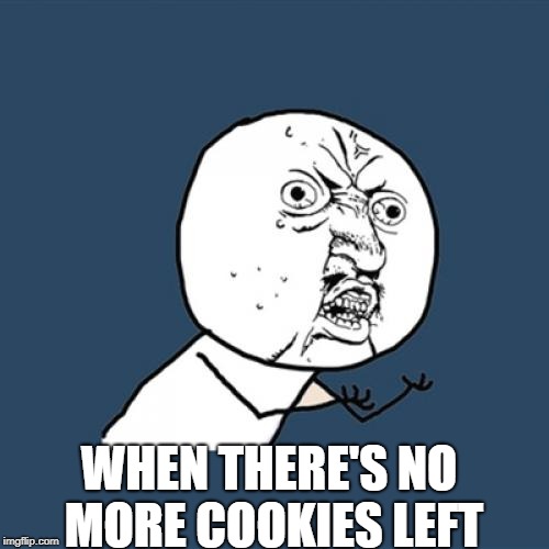 Y U No Meme | WHEN THERE'S NO MORE COOKIES LEFT | image tagged in memes,y u no | made w/ Imgflip meme maker