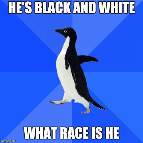 Socially Awkward Penguin Meme | HE'S BLACK AND WHITE; WHAT RACE IS HE | image tagged in memes,socially awkward penguin | made w/ Imgflip meme maker