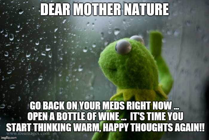 Kermit the frog rainy day | DEAR MOTHER NATURE; GO BACK ON YOUR MEDS RIGHT NOW ... OPEN A BOTTLE OF WINE ...  IT'S TIME YOU START THINKING WARM, HAPPY THOUGHTS AGAIN!! | image tagged in kermit the frog rainy day | made w/ Imgflip meme maker