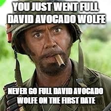 Never go full retard | YOU JUST WENT FULL DAVID AVOCADO WOLFE; NEVER GO
FULL
DAVID AVOCADO WOLFE ON THE FIRST DATE | image tagged in never go full retard | made w/ Imgflip meme maker