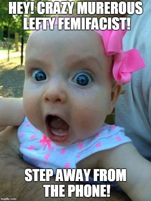 crazy pink baby | HEY! CRAZY MUREROUS LEFTY FEMIFACIST! STEP AWAY FROM THE PHONE! | image tagged in crazy pink baby | made w/ Imgflip meme maker
