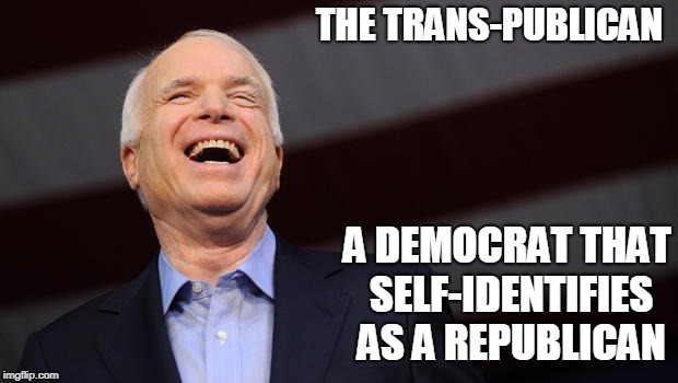 John McCain | THE TRANS-PUBLICAN; A DEMOCRAT THAT SELF-IDENTIFIES AS A REPUBLICAN | image tagged in john mccain | made w/ Imgflip meme maker