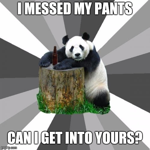 Pickup Line Panda | I MESSED MY PANTS; CAN I GET INTO YOURS? | image tagged in memes,pickup line panda | made w/ Imgflip meme maker