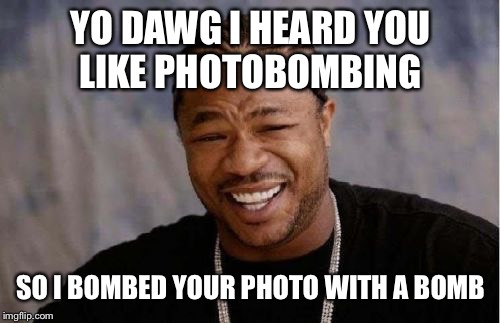 Yo Dawg Heard You Meme | YO DAWG I HEARD YOU LIKE PHOTOBOMBING SO I BOMBED YOUR PHOTO WITH A BOMB | image tagged in memes,yo dawg heard you | made w/ Imgflip meme maker
