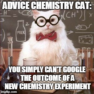 ADVICE CHEMISTRY CAT: YOU SIMPLY CAN'T GOOGLE THE OUTCOME OF A NEW CHEMISTRY EXPERIMENT | made w/ Imgflip meme maker