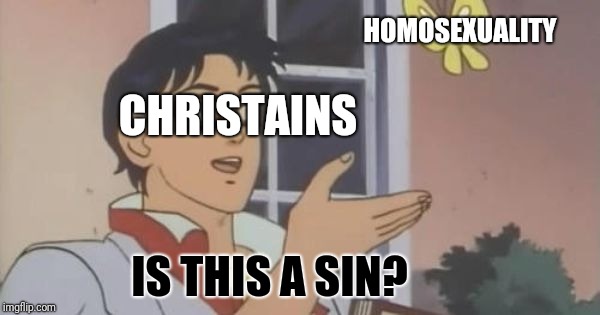 Is This a Pigeon | HOMOSEXUALITY; CHRISTAINS; IS THIS A SIN? | image tagged in is this a pigeon | made w/ Imgflip meme maker