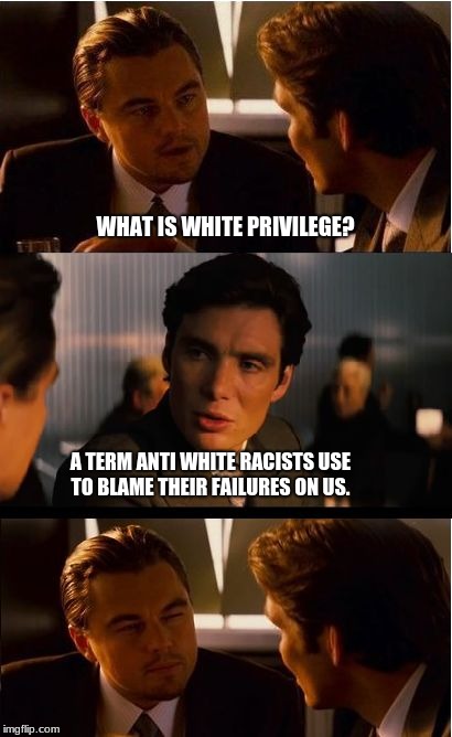 Inception | WHAT IS WHITE PRIVILEGE? A TERM ANTI WHITE RACISTS USE TO BLAME THEIR FAILURES ON US. | image tagged in memes,inception | made w/ Imgflip meme maker