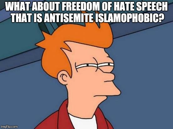 Futurama Fry Meme | WHAT ABOUT FREEDOM OF HATE SPEECH THAT IS ANTISEMITE ISLAMOPHOBIC? | image tagged in memes,futurama fry | made w/ Imgflip meme maker