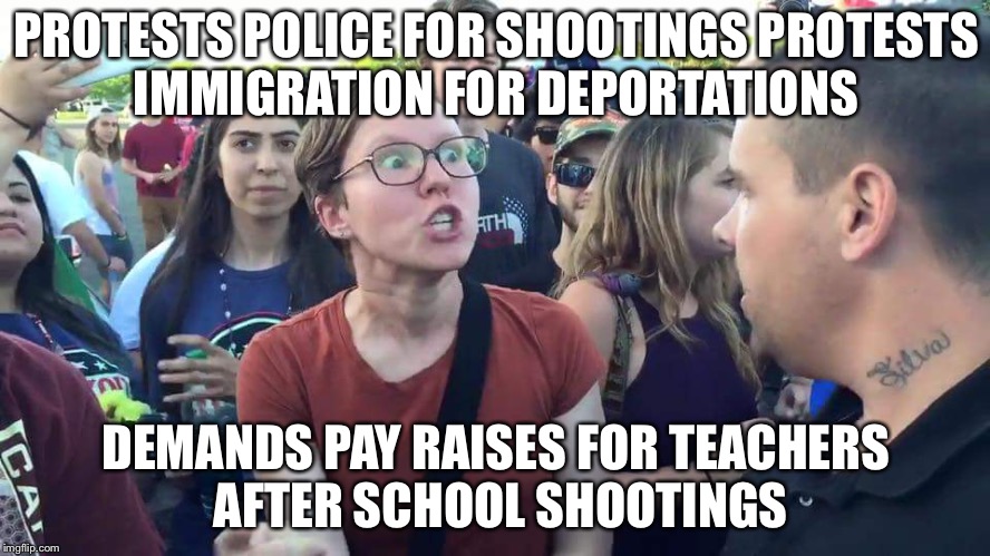 Remember Her? She Was a Professor Blocking Free Speech & Freedom of the Press | PROTESTS POLICE FOR SHOOTINGS PROTESTS IMMIGRATION FOR DEPORTATIONS; DEMANDS PAY RAISES FOR TEACHERS AFTER SCHOOL SHOOTINGS | image tagged in triggered feminazi | made w/ Imgflip meme maker