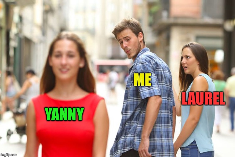 The struggle is real | ME; LAUREL; YANNY | image tagged in memes,distracted boyfriend,yanny,laurel,sound differences,perception | made w/ Imgflip meme maker