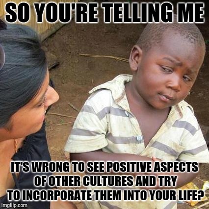 Third World Skeptical Kid Meme | SO YOU'RE TELLING ME; IT'S WRONG TO SEE POSITIVE ASPECTS OF OTHER CULTURES AND TRY TO INCORPORATE THEM INTO YOUR LIFE? | image tagged in memes,third world skeptical kid | made w/ Imgflip meme maker