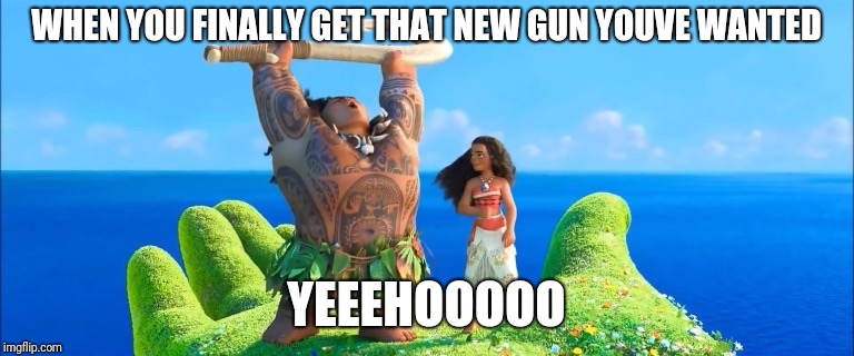 maui excited | WHEN YOU FINALLY GET THAT NEW GUN YOUVE WANTED; YEEEHOOOOO | image tagged in moana | made w/ Imgflip meme maker