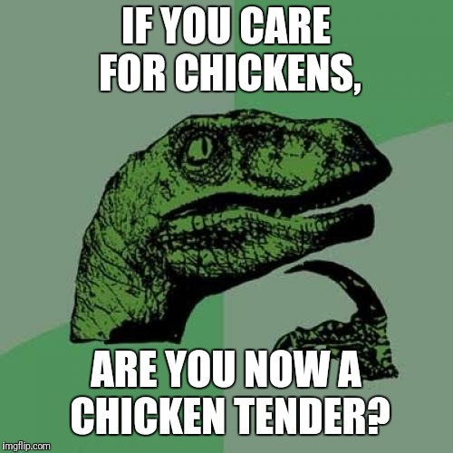 And if you are, are you tasty? | IF YOU CARE FOR CHICKENS, ARE YOU NOW A CHICKEN TENDER? | image tagged in memes,philosoraptor,raydog,dashhopes | made w/ Imgflip meme maker
