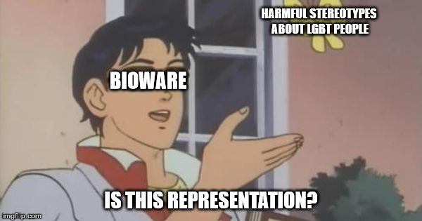 Is This a Pigeon | HARMFUL STEREOTYPES ABOUT LGBT PEOPLE; BIOWARE; IS THIS REPRESENTATION? | image tagged in is this a pigeon | made w/ Imgflip meme maker