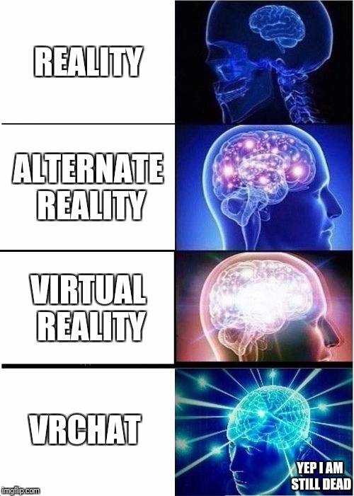 Expanding Brain | REALITY; ALTERNATE REALITY; VIRTUAL REALITY; VRCHAT; YEP I AM STILL DEAD | image tagged in memes,expanding brain | made w/ Imgflip meme maker