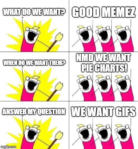 What Do We Want 3 Meme | WHAT DO WE WANT? GOOD MEMEZ; WHEN DO WE WANT THEM? NMD WE WANT PIE CHARTS! ANSWER MY QUESTION; WE WANT GIFS | image tagged in memes,what do we want 3 | made w/ Imgflip meme maker