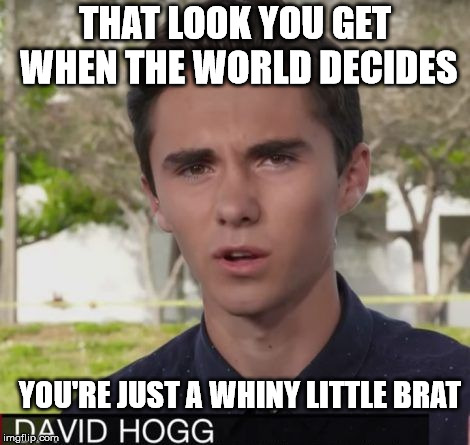 His 15 minutes are over. He needs to go away. | THAT LOOK YOU GET WHEN THE WORLD DECIDES; YOU'RE JUST A WHINY LITTLE BRAT | image tagged in memes,david hogg | made w/ Imgflip meme maker