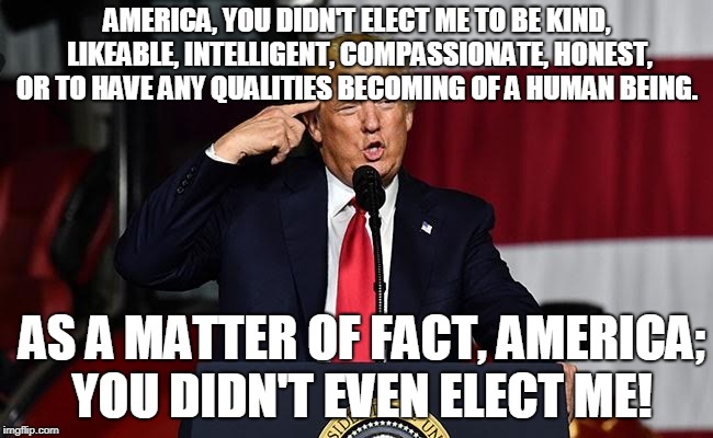 AMERICA, YOU DIDN'T ELECT ME TO BE KIND, LIKEABLE, INTELLIGENT, COMPASSIONATE, HONEST, OR TO HAVE ANY QUALITIES BECOMING OF A HUMAN BEING. AS A MATTER OF FACT, AMERICA; YOU DIDN'T EVEN ELECT ME! | made w/ Imgflip meme maker