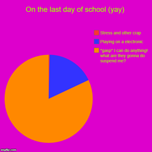 On the last day of school (yay) | *gasp* I can do anything! what are they gonna do suspend me?, Playing on a electronic, Stress and other cr | image tagged in funny,pie charts | made w/ Imgflip chart maker