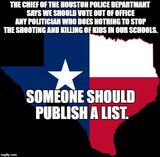 texas map | THE CHIEF OF THE HOUSTON POLICE DEPARTMANT SAYS WE SHOULD VOTE OUT OF OFFICE ANY POLITICIAN WHO DOES NOTHING TO STOP THE SHOOTING AND KILLING OF KIDS IN OUR SCHOOLS. SOMEONE SHOULD PUBLISH A LIST. | image tagged in texas map | made w/ Imgflip meme maker