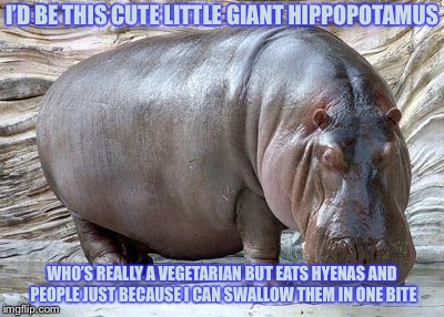 I’D BE THIS CUTE LITTLE GIANT HIPPOPOTAMUS WHO’S REALLY A VEGETARIAN BUT EATS HYENAS AND PEOPLE JUST BECAUSE I CAN SWALLOW THEM IN ONE BITE | made w/ Imgflip meme maker