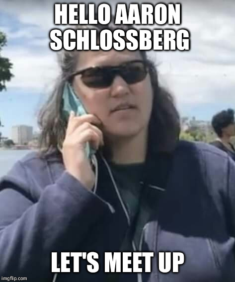 Aaron, Becky, BBQ, meme | HELLO AARON SCHLOSSBERG; LET'S MEET UP | image tagged in aaron becky bbq meme | made w/ Imgflip meme maker
