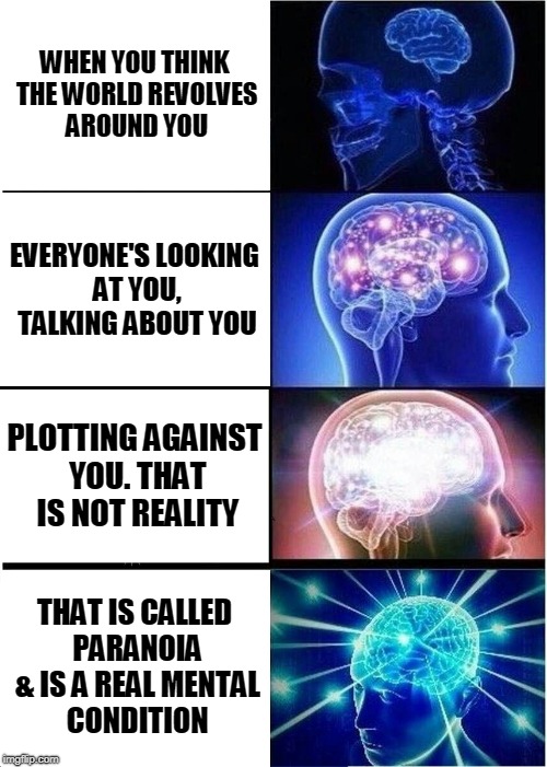 Expanding Brain | WHEN YOU THINK THE WORLD REVOLVES AROUND YOU; EVERYONE'S LOOKING AT YOU, TALKING ABOUT YOU; PLOTTING AGAINST YOU. THAT IS NOT REALITY; THAT IS CALLED PARANOIA & IS A REAL MENTAL CONDITION | image tagged in memes,expanding brain | made w/ Imgflip meme maker