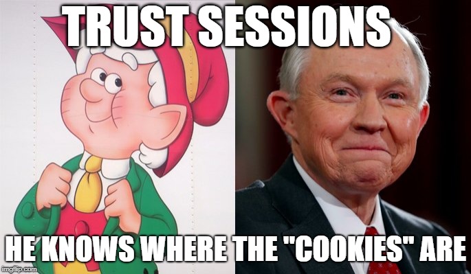 Trust Sessions - #QAnon | TRUST SESSIONS; HE KNOWS WHERE THE "COOKIES" ARE | image tagged in jeff sessions elf,cookies,funny memes,donald trump | made w/ Imgflip meme maker