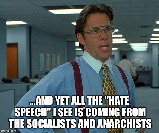 That Would Be Great Meme | ...AND YET ALL THE "HATE SPEECH" I SEE IS COMING FROM THE SOCIALISTS AND ANARCHISTS | image tagged in memes,that would be great | made w/ Imgflip meme maker