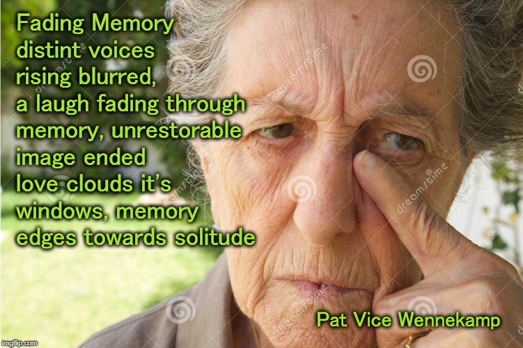 Fading memories | Fading Memory  distint voices rising blurred, a laugh fading through memory, unrestorable image ended love clouds it's windows, memory edges towards solitude; Pat Vice Wennekamp | image tagged in poetry | made w/ Imgflip meme maker
