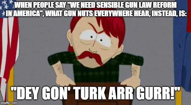 They took our jobs stance (South Park) | WHEN PEOPLE SAY "WE NEED SENSIBLE GUN LAW REFORM IN AMERICA", WHAT GUN NUTS EVERYWHERE HEAR, INSTEAD, IS:; "DEY GON' TURK ARR GURR!" | image tagged in they took our jobs stance south park | made w/ Imgflip meme maker