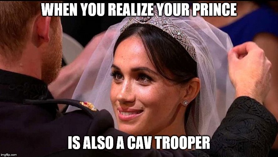 WHEN YOU REALIZE YOUR PRINCE; IS ALSO A CAV TROOPER | image tagged in prince harry,cav,blues and royals | made w/ Imgflip meme maker