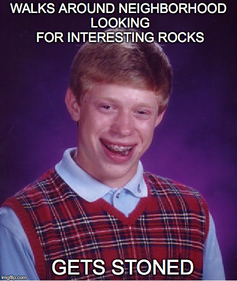 Bad Luck Brian Meme | WALKS AROUND NEIGHBORHOOD LOOKING FOR INTERESTING ROCKS GETS STONED | image tagged in memes,bad luck brian | made w/ Imgflip meme maker