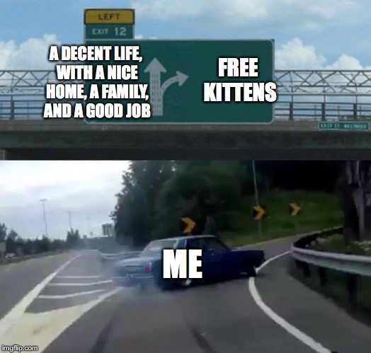 Left Exit 12 Off Ramp | A DECENT LIFE, WITH A NICE HOME, A FAMILY, AND A GOOD JOB; FREE KITTENS; ME | image tagged in memes,left exit 12 off ramp | made w/ Imgflip meme maker