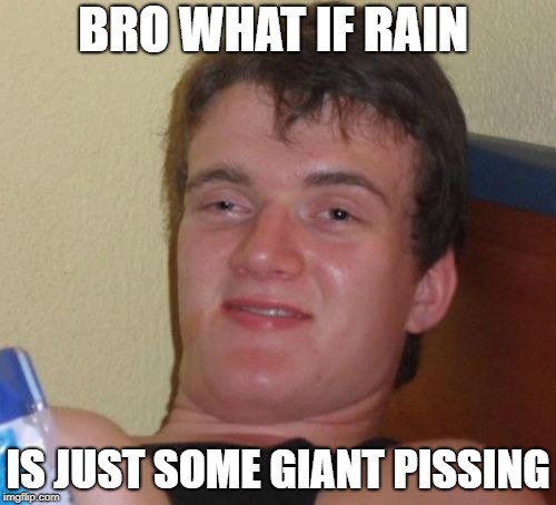 10 Guy | BRO WHAT IF RAIN; IS JUST SOME GIANT PISSING | image tagged in memes,10 guy | made w/ Imgflip meme maker