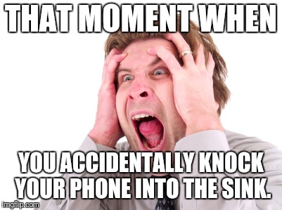 Screaming Man | THAT MOMENT WHEN; YOU ACCIDENTALLY KNOCK YOUR PHONE INTO THE SINK. | image tagged in screaming man | made w/ Imgflip meme maker