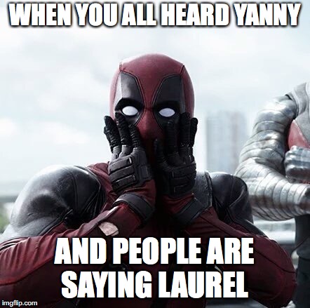 Deadpool Surprised | WHEN YOU ALL HEARD YANNY; AND PEOPLE ARE SAYING LAUREL | image tagged in memes,deadpool surprised | made w/ Imgflip meme maker