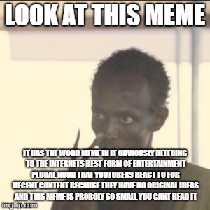 Look At Me Meme | LOOK AT THIS MEME; IT HAS THE WORD MEME IN IT OBVIOUSLY REFERING TO THE INTERNETS BEST FORM OF ENTERTAINMENT PLURAL NOUN THAT YOUTUBERS REACT TO FOR DECENT CONTENT BECAUSE THEY HAVE NO ORIGINAL IDEAS AND THIS MEME IS PROBOLY SO SMALL YOU CANT READ IT | image tagged in memes,look at me | made w/ Imgflip meme maker
