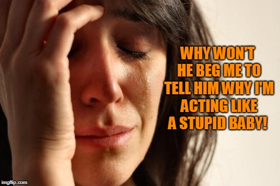 First World Problems Meme | WHY WON'T HE BEG ME TO TELL HIM WHY I'M ACTING LIKE A STUPID BABY! | image tagged in memes,first world problems | made w/ Imgflip meme maker
