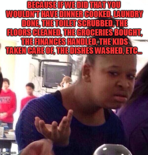 Black Girl Wat Meme | BECAUSE IF WE DID THAT YOU WOULDN'T HAVE DINNER COOKED, LAUNDRY DONE, THE TOILET SCRUBBED, THE FLOORS CLEANED, THE GROCERIES BOUGHT, THE FIN | image tagged in memes,black girl wat | made w/ Imgflip meme maker