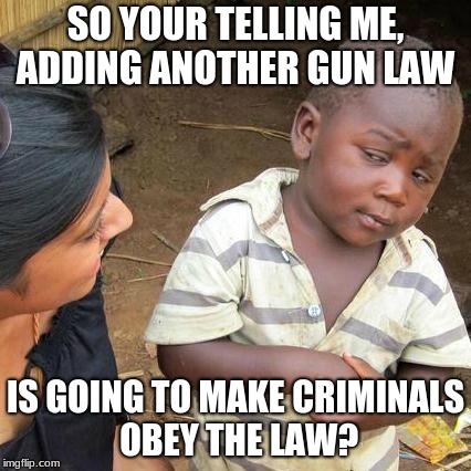 Third World Skeptical Kid Meme | SO YOUR TELLING ME, ADDING ANOTHER GUN LAW; IS GOING TO MAKE CRIMINALS OBEY THE LAW? | image tagged in memes,third world skeptical kid | made w/ Imgflip meme maker