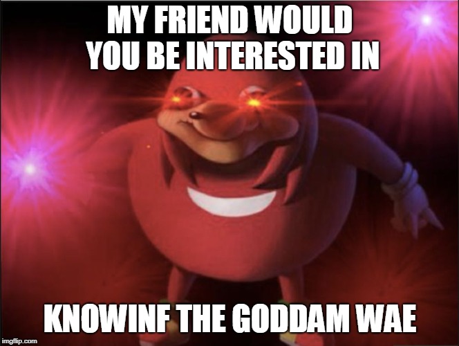 Ugandan Knuckles | MY FRIEND WOULD YOU BE INTERESTED IN; KNOWINF THE GODDAM WAE | image tagged in ugandan knuckles | made w/ Imgflip meme maker