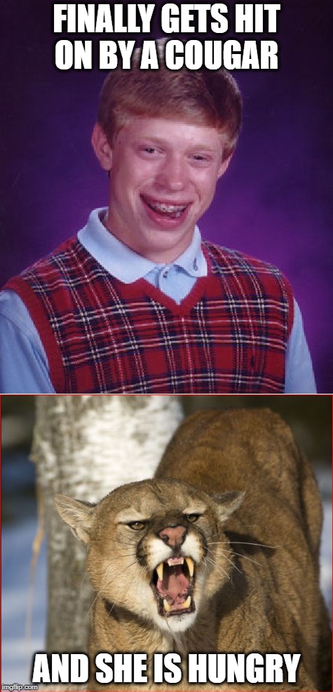 Bad Luck Brian | FINALLY GETS HIT ON BY A COUGAR; AND SHE IS HUNGRY | image tagged in bad luck brian,cougar | made w/ Imgflip meme maker